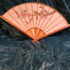 Decorative Folding Fan with Bird and Blossom Motif - Beige & Brown KS6PM9-1/3